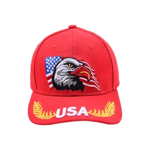 Red baseball cap with US flag and bald eagle embroidery, 3D USA text and laurel leaves