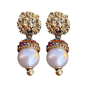 Vintage gold lion head earrings with colorful crystals and hanging pearl acorn drops