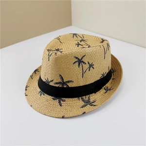 Light khaki straw fedora hat with black palm tree patterns and decorative black ribbon