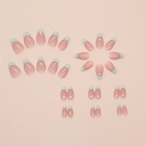 French mint green press-on nails in long almond shape with 24 pieces set display