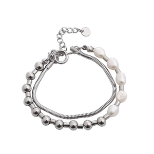 Double-layer stainless steel bracelet featuring white pearls and silver metal beads