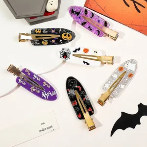 Halloween Hair Clips Alligator Acrylic Glitter Pumpkin Bat Spider Web Ghost Pattern Party Accessories For Women Girls