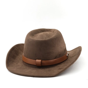 Detail of dark brown suede cowboy hat featuring a leather band with silver metal studs