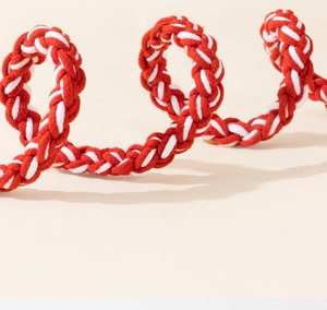Dettaglio del guinzaglio in cotone intrecciato rosso e bianco con trama a spirale