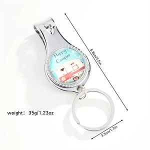 Silver metal nail clipper keychain with Happy Camper design, length 8.8cm and weight 35g