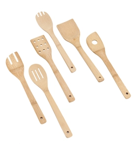 Detailed view of 6-piece bamboo kitchen utensil set with long handles for non-stick pans