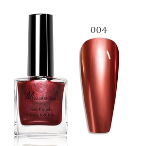 Macro shot of dark red metallic mirror nail polish with gloss finish in 7.5ml bottle