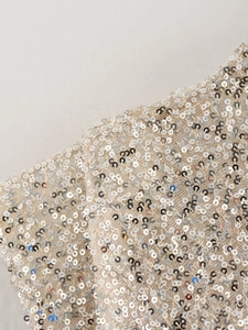 Makroaufnahme von champagnerfarbenen Pailletten und Mesh-Gewebe auf einem Abendkleid
