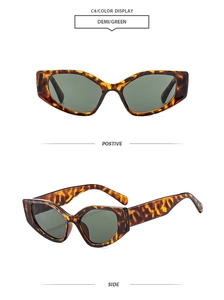 Detail of demi tortoise shell cat eye sunglasses with green lenses from two angles