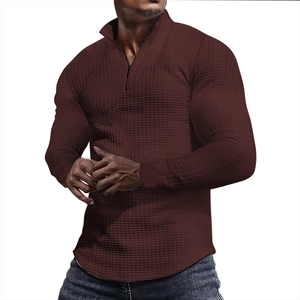 Detail showing the brown waffle knit fabric and half-zip collar of the men's pullover