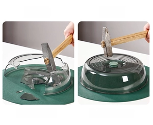 Detail view of durable PET material food cover vs fragile PP material showing impact test