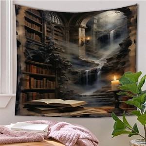 Detail of Halloween fantasy library tapestry with waterfall and candlelight on white wall