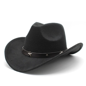Western Cowboy Hat Woolen Felt Wide Brim Star Studded Retro Fedora Jazz Cap With Leather Band For Men Women