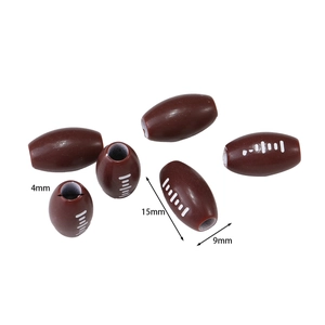Detail view of 15mm brown acrylic rugby beads with dimensions and 4mm hole size