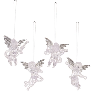 Set of 4 transparent acrylic angel Christmas tree ornaments with silver wings