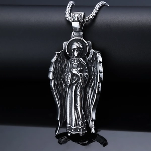 Collier avec pendentif d'aile d'ange de prière et chaîne box en acier inoxydable poli
