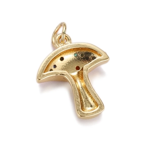 Detail view of 18K gold plated mushroom pendant with colorful inlay and smooth finish