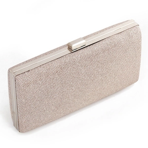 Detailed view of the champagne gold glitter fabric evening clutch with a silver metal frame
