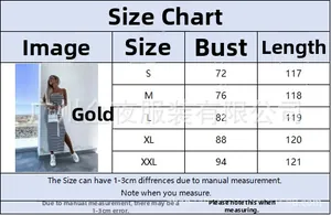 Size chart for slim fit striped strapless midi dress with bust and length measurements