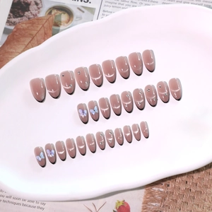 30pcs Cat Eye French black almond press-on nails with velvet rose pink and 3D butterflies