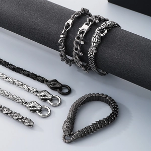 Detailed view of punk style snake head bracelets in silver and black titanium steel
