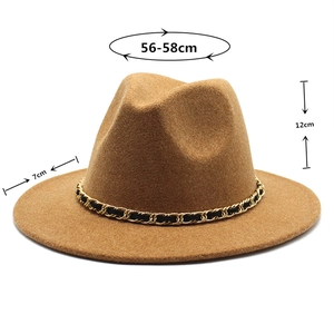 Detail view of khaki wool fedora hat with chain showing dimensions 56-58cm head size