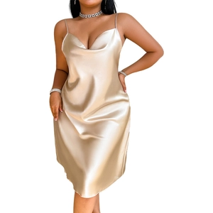 Elegant champagne silk satin nightgown featuring a cowl neck and thin spaghetti straps