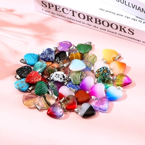Various 20mm natural stone heart pendants in colorful crystal with silver bail clips