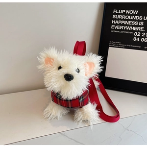 White plush Westie puppy bag featuring a red plaid vest and matching shoulder strap