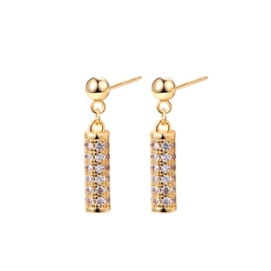 Elegant gold micro-pave cylinder drop earrings with sparkling white zircons on S925 silver