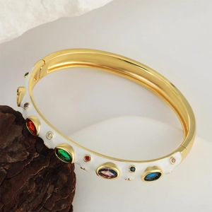Fashionable gold-plated bangle with white enamel and colorful cubic zirconia stones