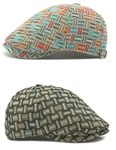 Close-up of woven ethnic style ivy caps featuring vibrant geometric and retro patterns