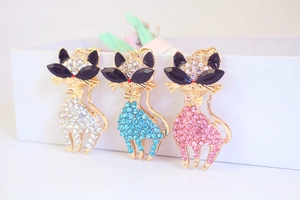 Detailed view of three cat-shaped keychains with white, blue and pink rhinestones
