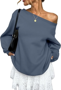 Detail of smog blue off-shoulder sweatshirt with ribbed cuffs and relaxed fit