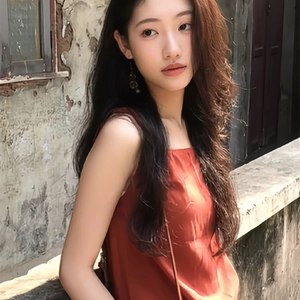 Close-up of bohemian earrings and orange tank top against a vintage wall background