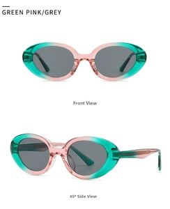 Detailed front and side views of green pink gradient oval sunglasses with grey lenses