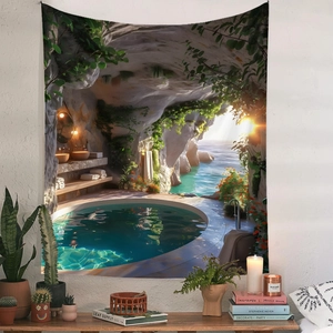 Detail of landscape tapestry featuring a mystical cave pool and lush plants on a white wall
