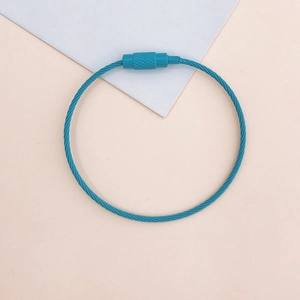 Detailed view of a blue plastic-coated wire keychain with secure screw lock connector