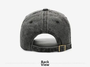 Back view of washed gray baseball cap featuring adjustable metal buckle and stitching