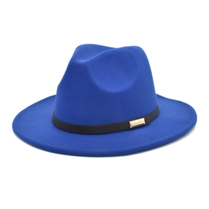 Detail of blue wool fedora hat showing black leather band and gold metal buckle