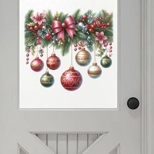 Autocollant Mural De Noël En PVC Auto-adhésif Décalcomanie De Porte Festive Ornement Avec Boules Colorées Et Nœud