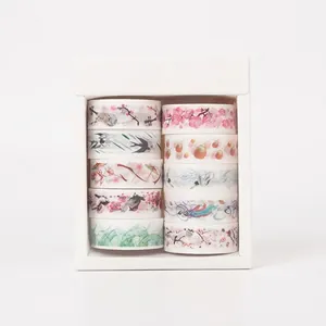 Detail of 10-roll floral washi tape set featuring traditional Chinese landscape motifs