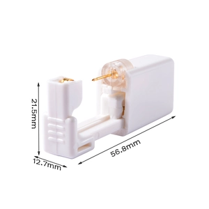 Detailed dimensions of the disposable ear piercing tool: 56.8mm x 12.7mm x 21.5mm