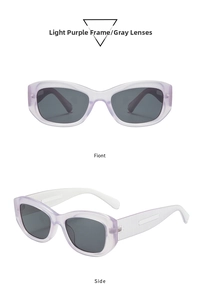 Detail view of square lavender sunglasses with gray lenses and textured temples