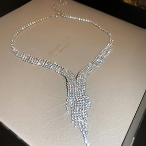 Dettaglio della collana a nappe argentata con strass scintillanti di lusso