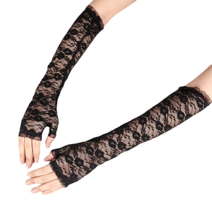 Elegant long black lace fingerless gloves with floral patterns and ruffled edges for women