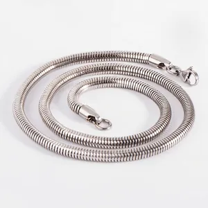 Detailed view of polished stainless steel snake bone chain with lobster clasp