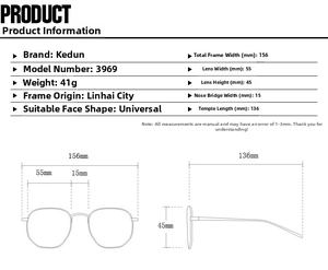 Detailed dimension chart for vintage cat-eye sunglasses model 3969 showing lens and frame size