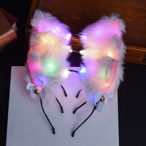 Luminous white plush rabbit ears headband with colorful LED lights and gold bells
