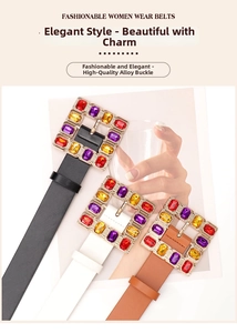 Detail of fashion belts with colorful crystal square buckles in black, white and brown